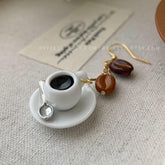 Coffee Cups and Coffee Beans Dangle Earrings - Czech Glass Coffee Bean Drop Earrings - Morning coffee fun earrins -unique dangle